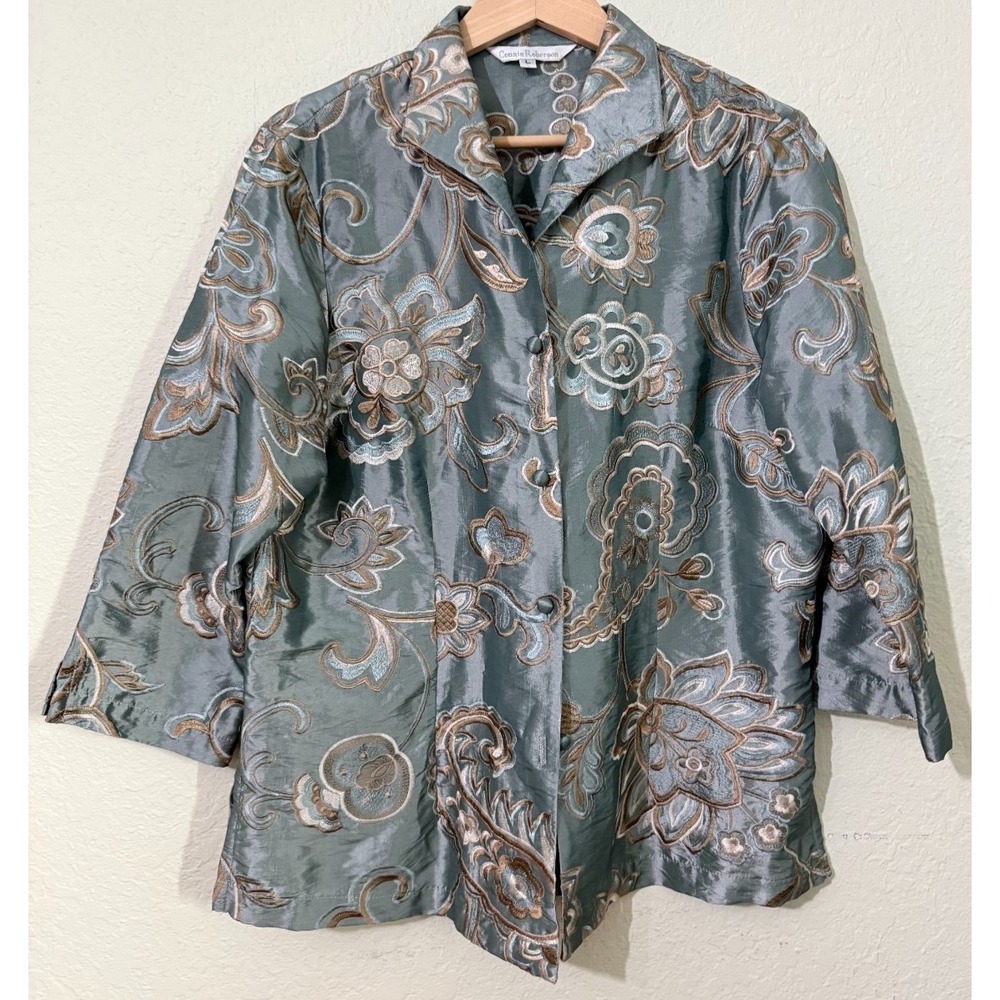 Connie Roberson Floral Brocade Jacket Metallic Gray Taupe Poly Silk USA Large